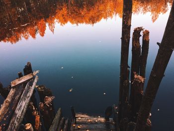 High angle view of pier over lake against sky