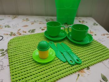 High angle view of toys on table