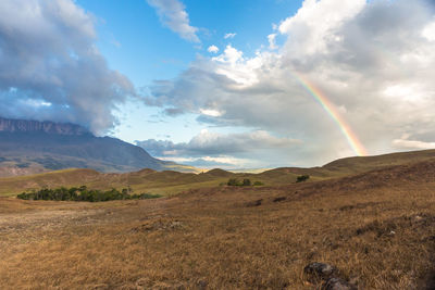 Scenic view of rainbow over field against sky