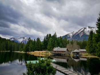 Scenic view of lake by trees against sky