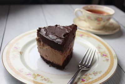 Close-up of cake served in plate on table