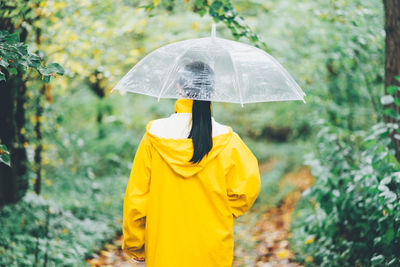 Rear view of woman in raincoat with umbrella