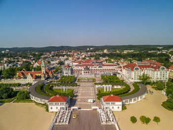 High angle view of townscape against sky, aerial view on the pier in sopot, poland,