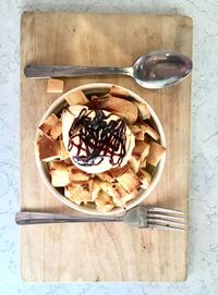 High angle view of food in plate on table