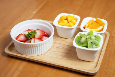 High angle view of salad in bowl on table