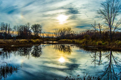 Scenic view of lake against sky during sunset