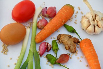 High angle view of fruits and vegetables on table