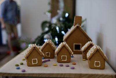 Close-up of christmas decorations on table