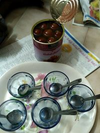 High angle view of glasses on table