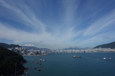 High angle view of sea and city against sky