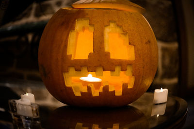 Close-up of illuminated halloween pumpkin