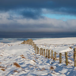 Scenic view of snow covered field against sky