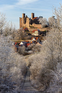 High angle view of old ruins against sky