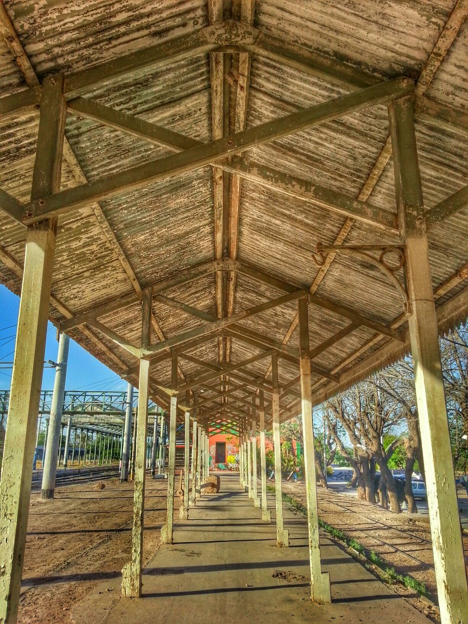 the way forward, built structure, architecture, ceiling, diminishing perspective, wood - material, railing, indoors, vanishing point, empty, architectural column, day, sunlight, walkway, sky, leading, tree, footbridge, long, roof