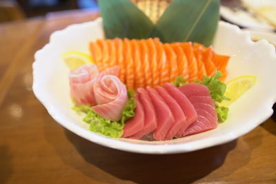 Close-up of sushi served on table