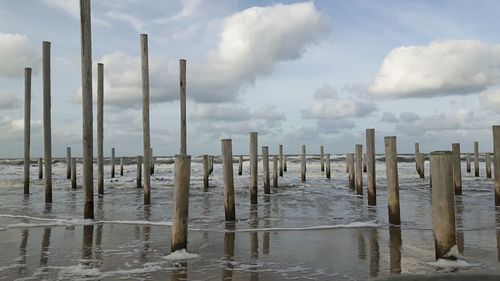 Wooden posts on beach against sky