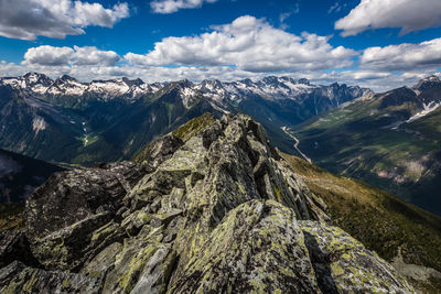 Panoramic view of snowcapped mountains against sky