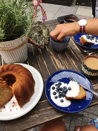High angle view of cake served on table