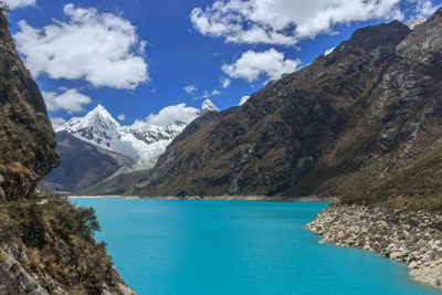 Scenic view of lake and mountains against sky