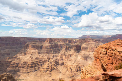 Aerial view of rock formations against cloudy sky