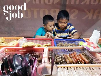 High angle view of people on food