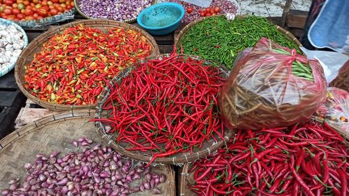 High angle view of various fruits for sale at market stall