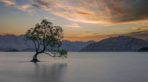 Scenic view of lake against orange sky