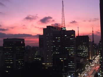 City skyline at sunset