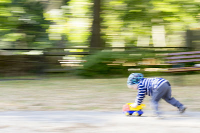 Rear view of boy on road