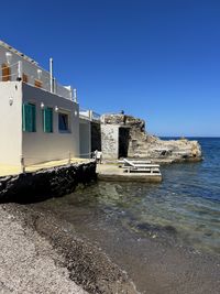House by sea against clear blue sky