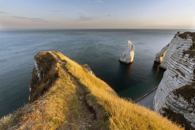 High angle view of sea against sky during sunset