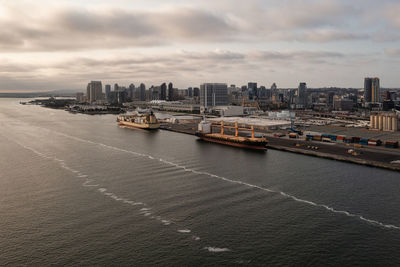 Large freight ships docked at san diego harbor. aerial view.