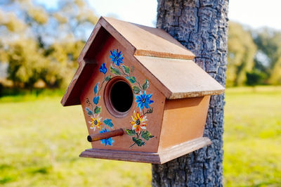 Close-up of birdhouse on tree trunk