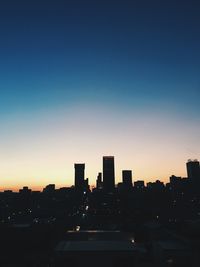 Silhouette buildings against clear sky during sunset