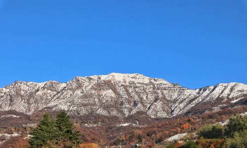 Scenic view of rocky mountains against clear blue sky