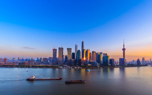 City skyline by the bank of huangpu river during sunset