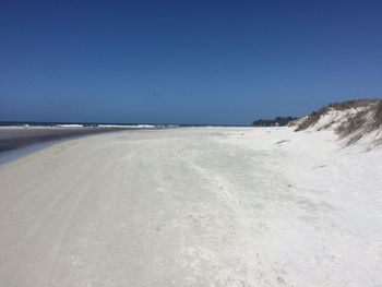 Scenic view of beach against clear blue sky