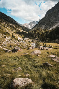 Scenic view of landscape and mountains against sky