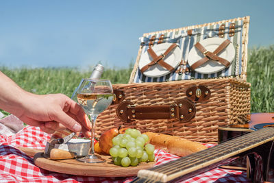 Closeup of picnic basket with drinks and food on the grass. nice picnic on sunny summer day, fun