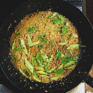 High angle view of food in pan