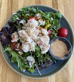 High angle view of food in plate on table