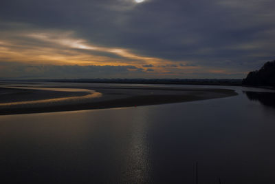 Scenic view of river against sky at sunset