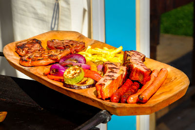 Close-up of various food on cutting boards