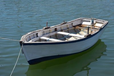 High angle view of ship moored on sea