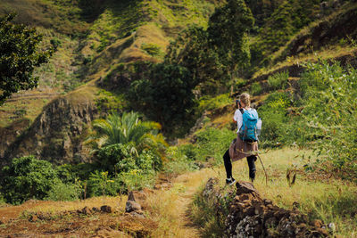 Rear view of boy walking in forest