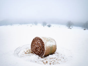 Lost hay bale in snow. frosty and snowy winter in countryside, misty snowfalling day