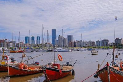 Boats moored at harbor with buildings in background