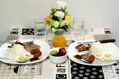 High angle view of food served on table