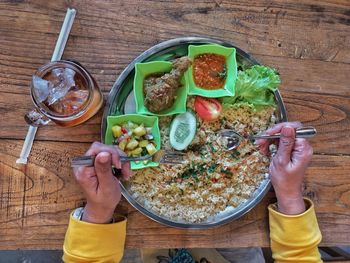 High angle view of man having food