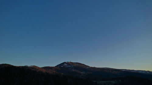 Low angle view of mountains against clear blue sky